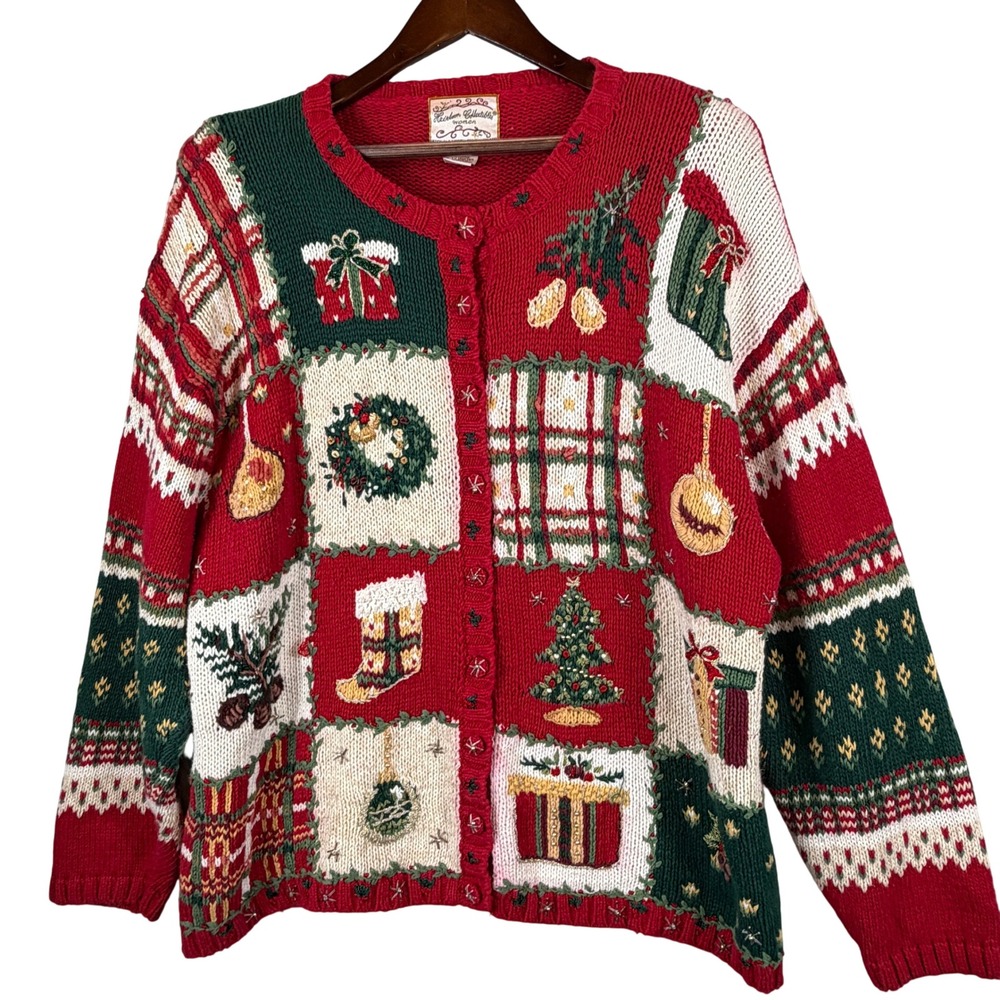 Vintage Heirloom Collectibles Christmas Cardigan Women 1X Embroidered Beaded